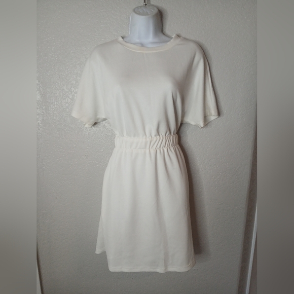 Elegant White Elastic Stretch Waist T Shirt Dress With Pockets Size Medium - Picture 3 of 9